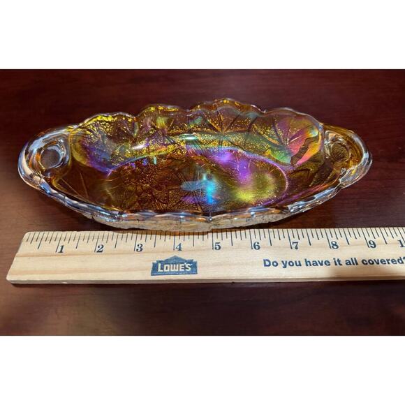 Vintage Carnival Glass Serving Dish Iridescent 9.5” Amber Gold Sunflower Design - Picture 3 of 8